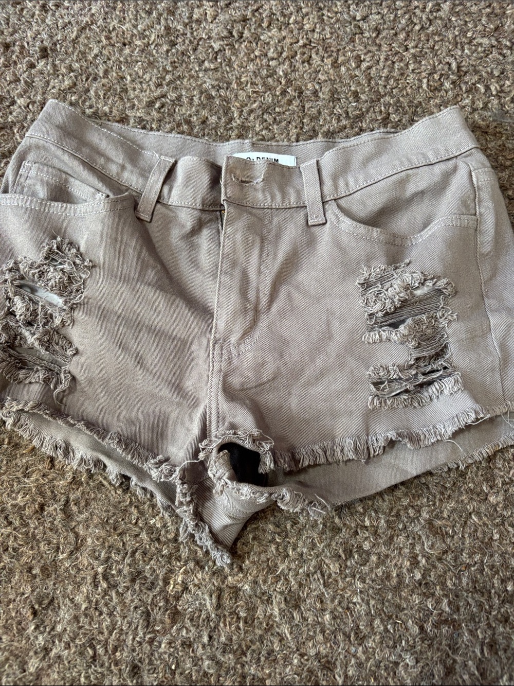 Frayed Hem Distressed Jean Shorts in Taupe from a boutique on Martha’s Vineyard